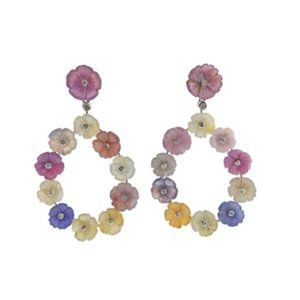 14k Gold Silver Diamond Carved Flower Drop Earrings